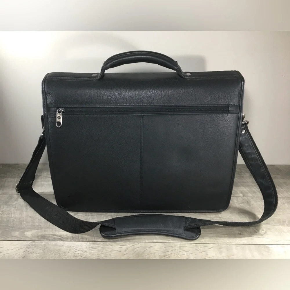 Samsonite Black Leather Briefcase Business Laptop Computer Shoulder Flapover Bag